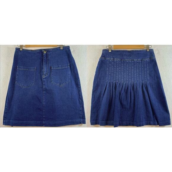 Vintage Womens Jean Skirt Sz 12 Blue Western Cottage Y2K Pleated‎ Patch Pockets - Picture 1 of 6